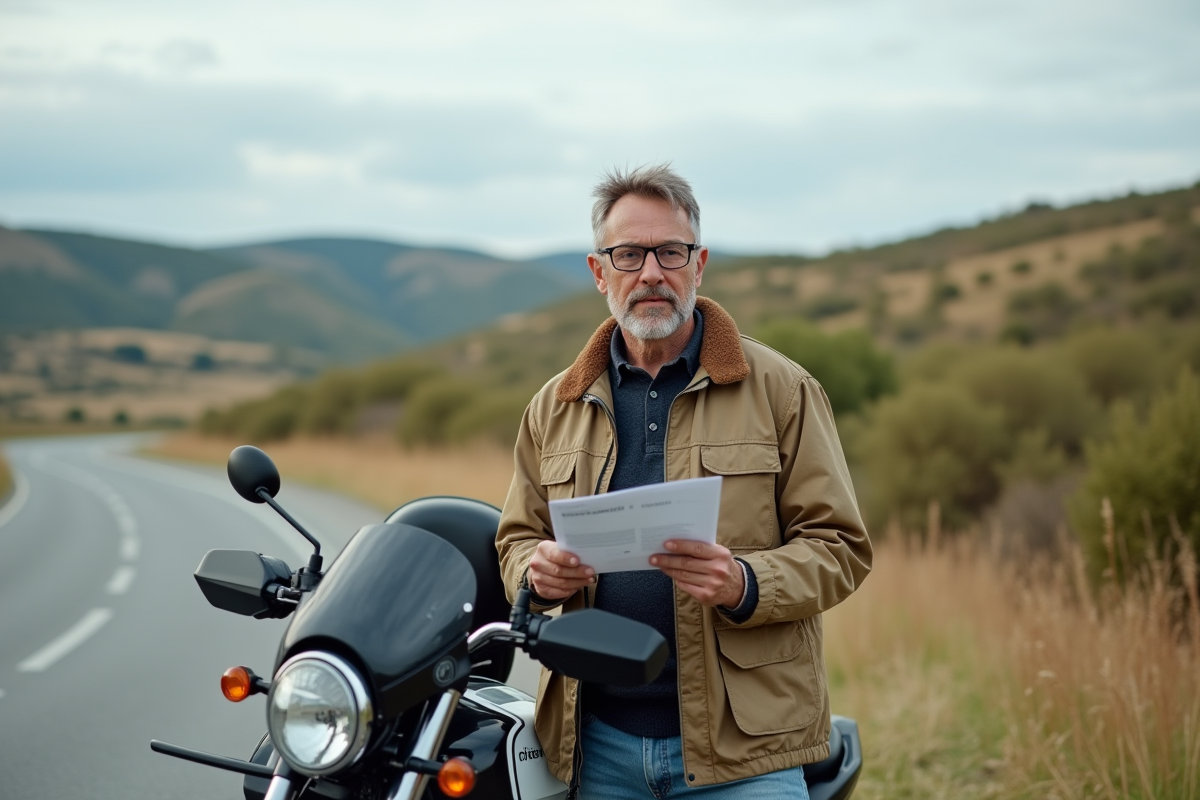 Homme avec moto examine brochure assurance en campagne