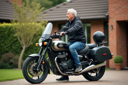 Homme en équipement moto montrant comment monter une moto