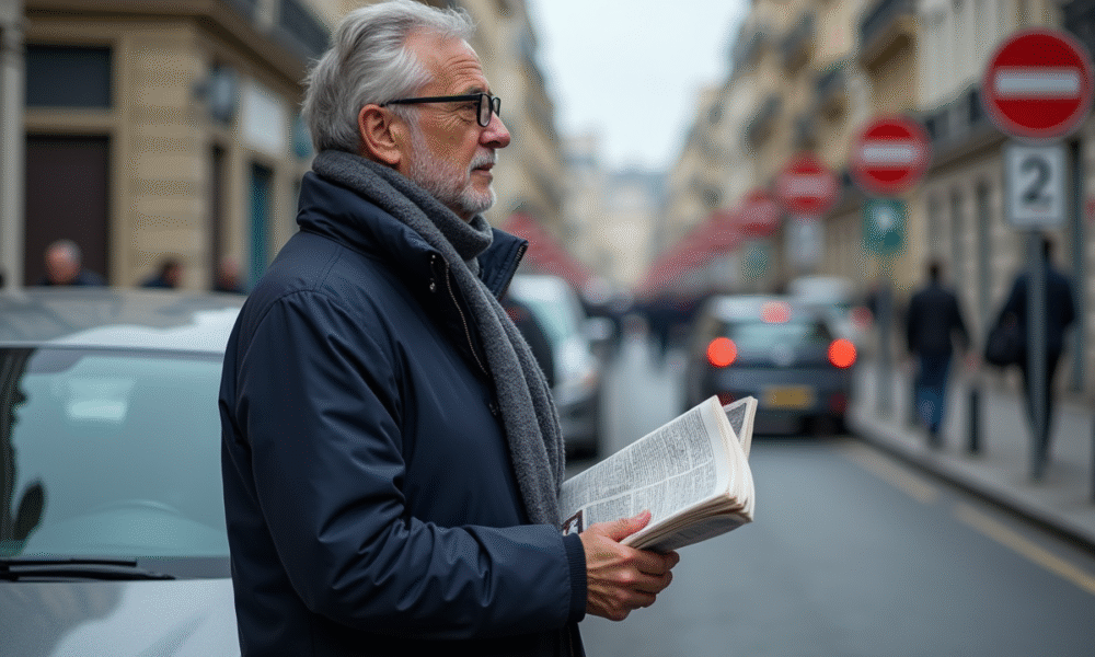 Homme parisien avec voiture et panneau Crit'Air 2