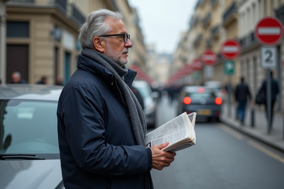 Homme parisien avec voiture et panneau Crit'Air 2