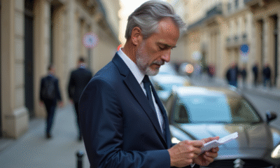 Homme d'affaires examinant un ticket de stationnement dans la rue parisienne