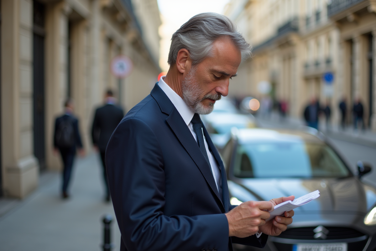 Homme d'affaires examinant un ticket de stationnement dans la rue parisienne