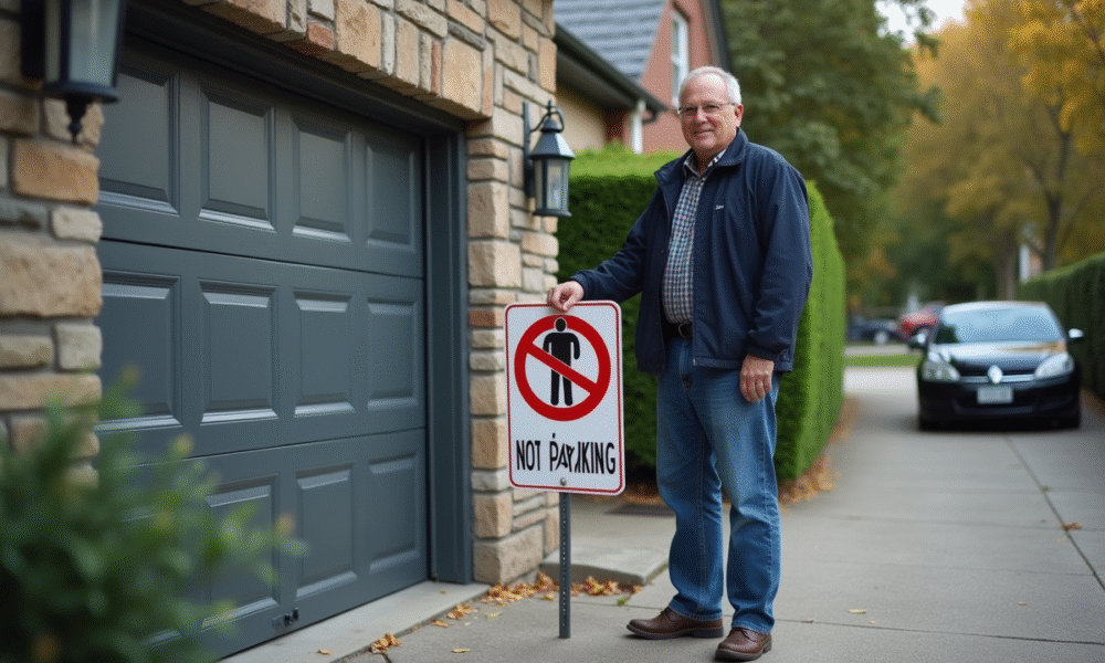 Homme d'âge moyen posant un panneau de stationnement interdit devant sa porte de garage