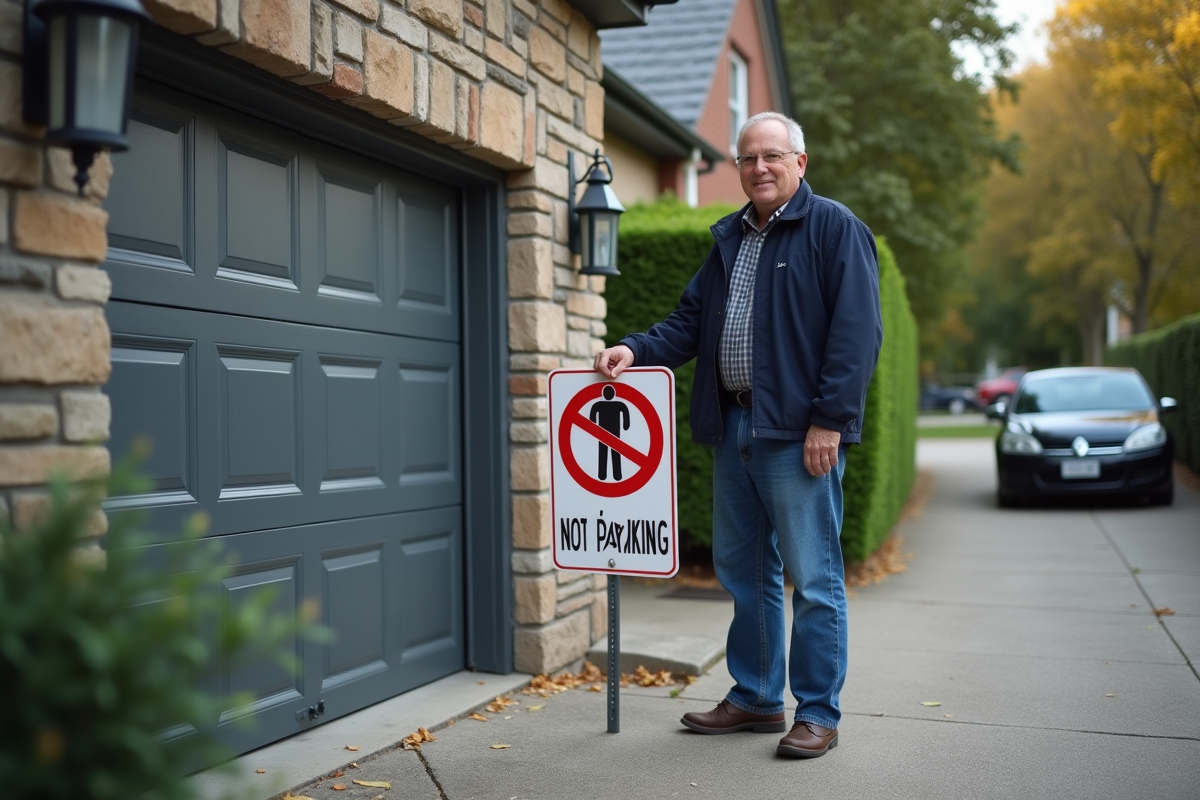 Homme d'âge moyen posant un panneau de stationnement interdit devant sa porte de garage
