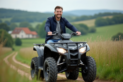 Homme souriant sur un quad en campagne française