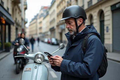 Homme d'âge moyen avec casque et veste navy vérifiant son téléphone à Paris