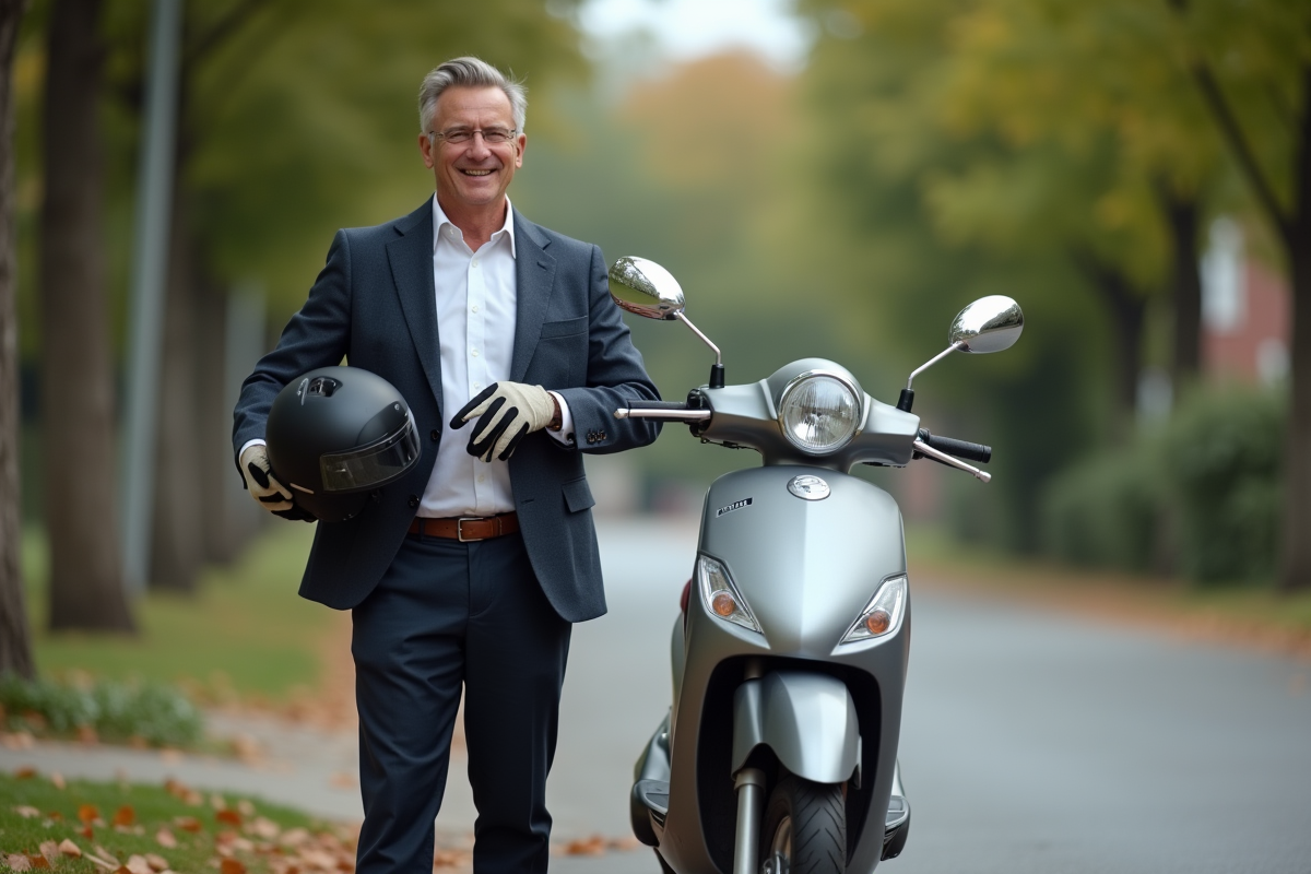 Homme d affaires avec scooter dans un quartier résidentiel