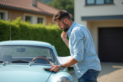 Homme pensif près d'une Alpine A110 en extérieur