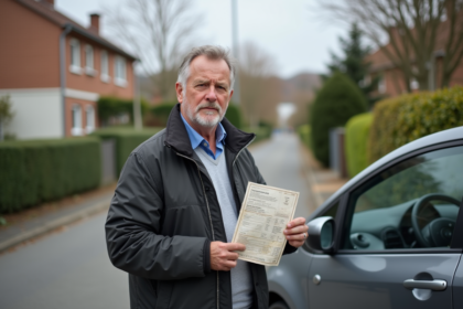 Homme d'âge moyen avec certificat de contrôle technique devant sa voiture