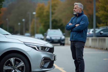Homme regardant une voiture endommagee en parking urbain