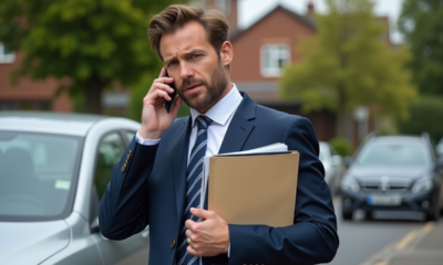 Homme d'une quarantaine parlant au téléphone à côté de sa voiture