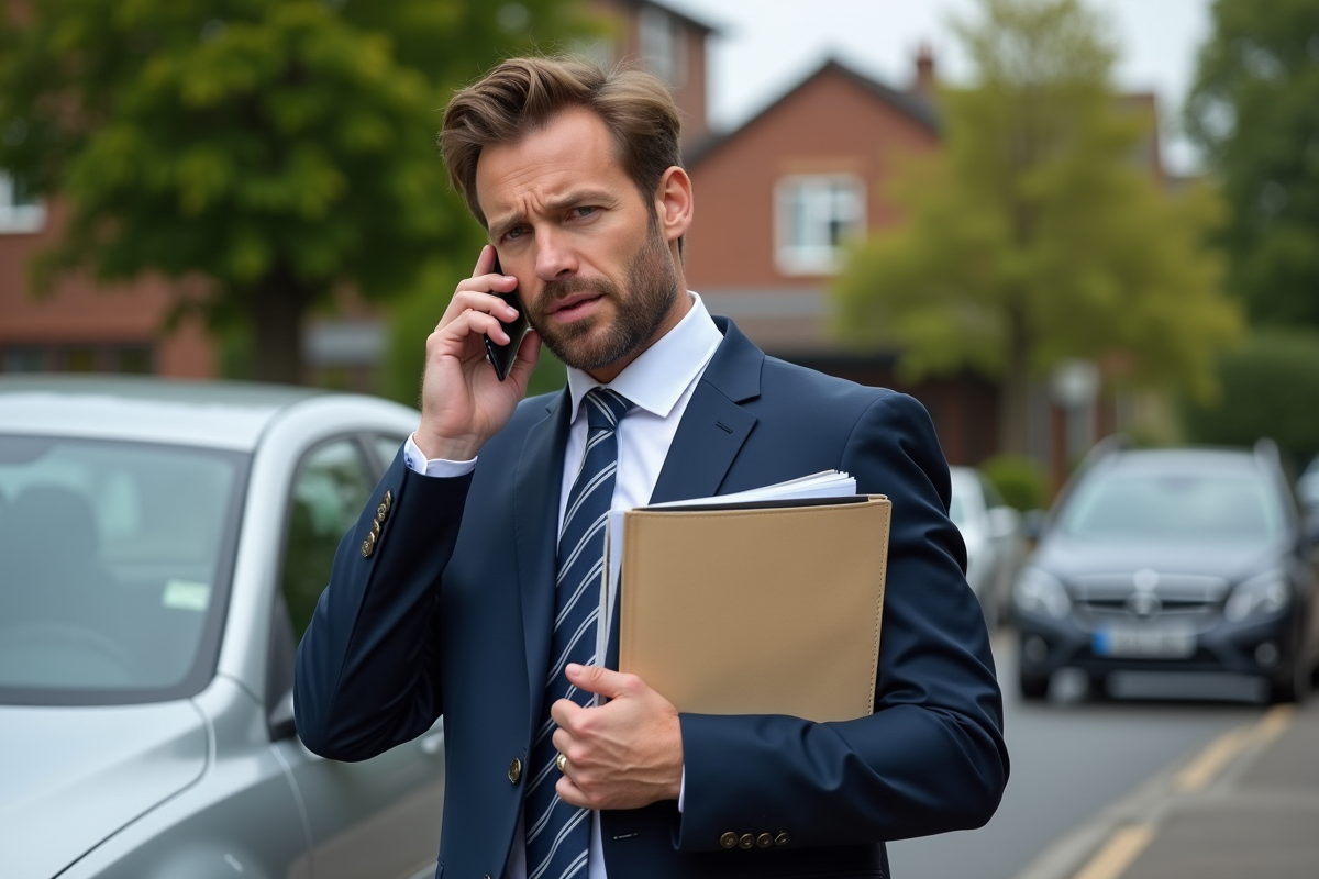 Homme d'une quarantaine parlant au téléphone à côté de sa voiture