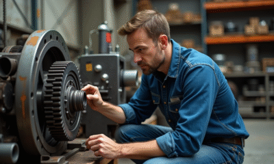 Ingénieur homme examinant un grand engrenage industriel