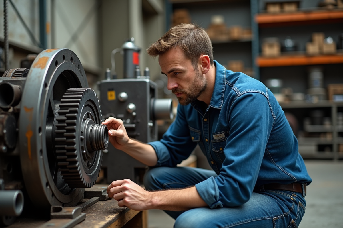 Ingénieur homme examinant un grand engrenage industriel