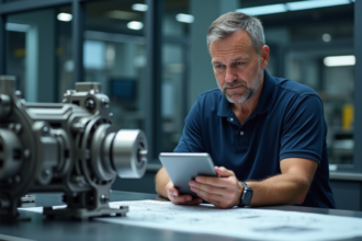 Ingénieur homme examine un moteur quantique complexe