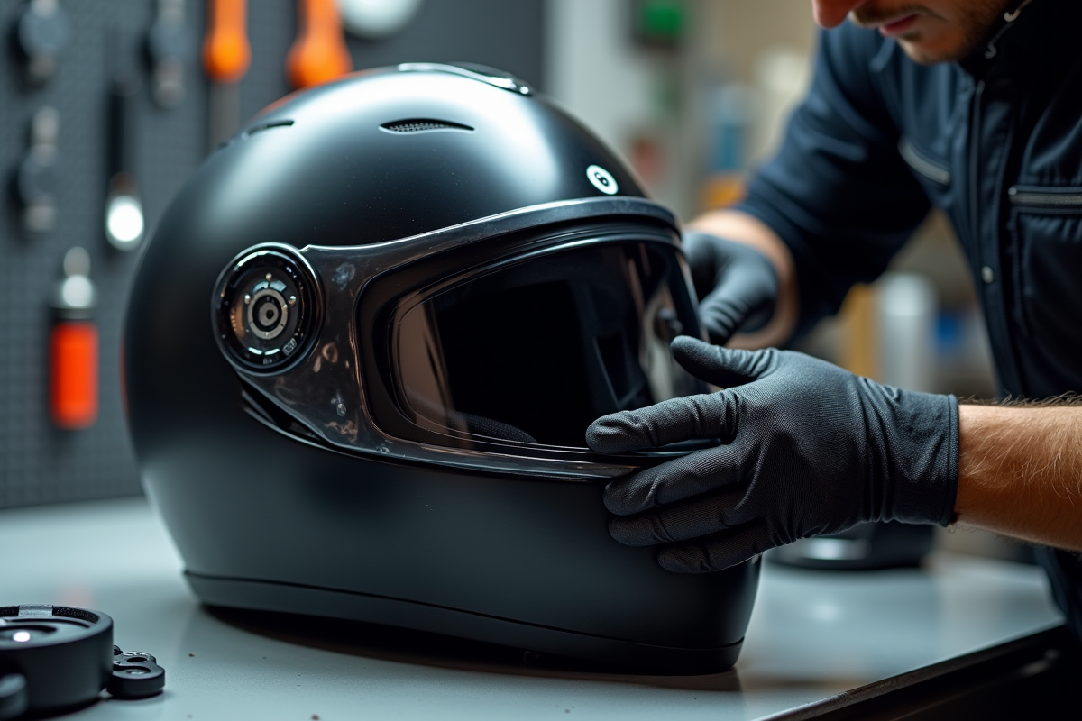 Mains gantées installant un insert anti-buée sur un casque moto