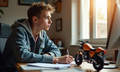 Jeune biker en tenue décontractée étudiant pour le permis moto