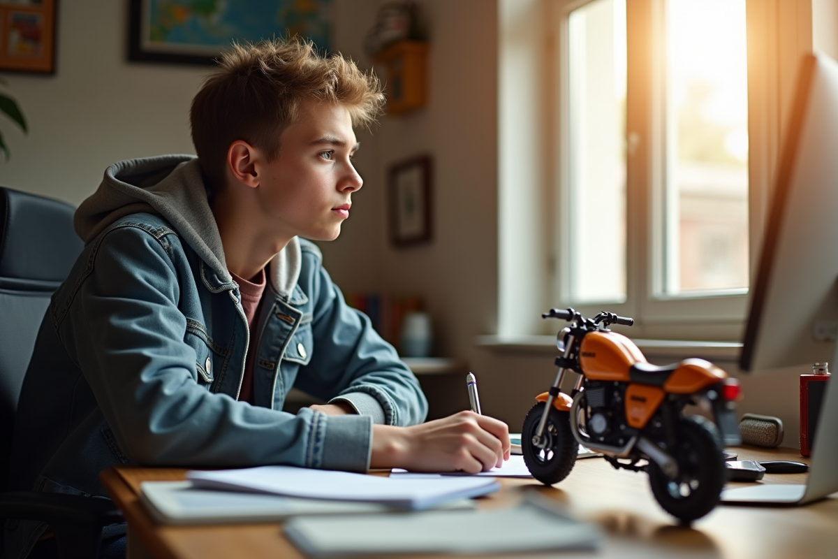 Jeune biker en tenue décontractée étudiant pour le permis moto