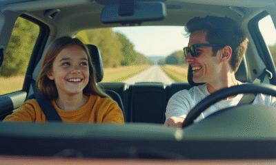 Jeune conducteur et adulte souriants dans une voiture moderne
