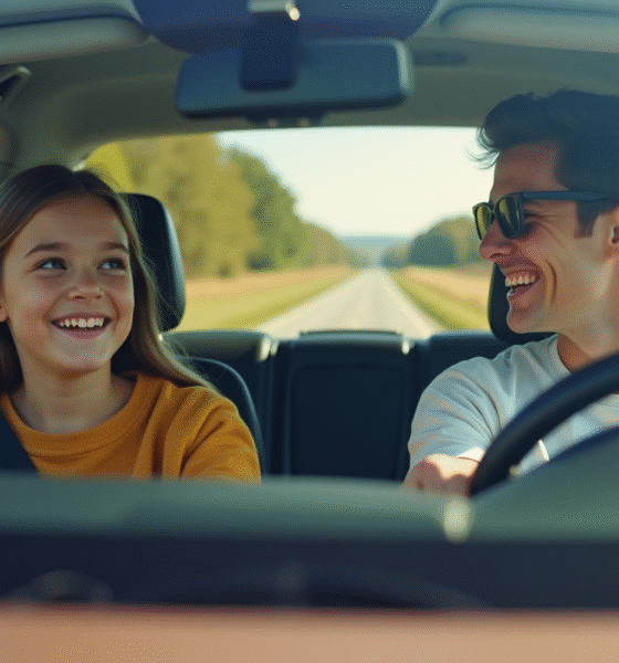 Jeune conducteur et adulte souriants dans une voiture moderne