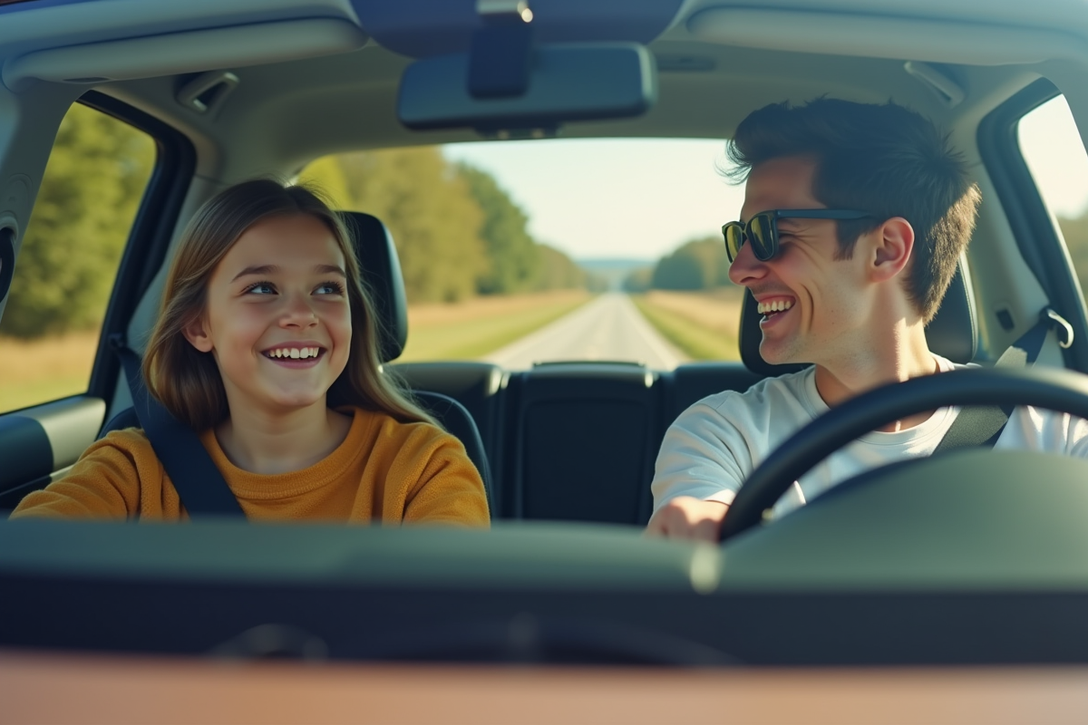 Jeune conducteur et adulte souriants dans une voiture moderne