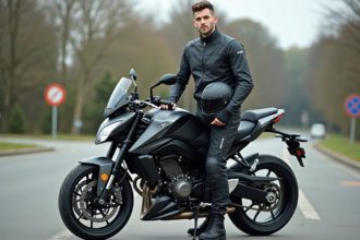 Jeune homme en équipement moto moderne avec moto 1000cc