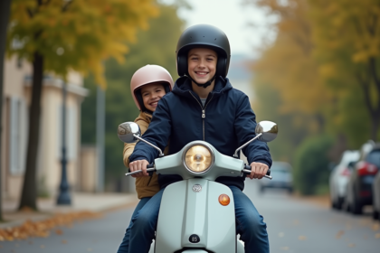 Jeune garçon en scooter dans une rue calme de banlieue