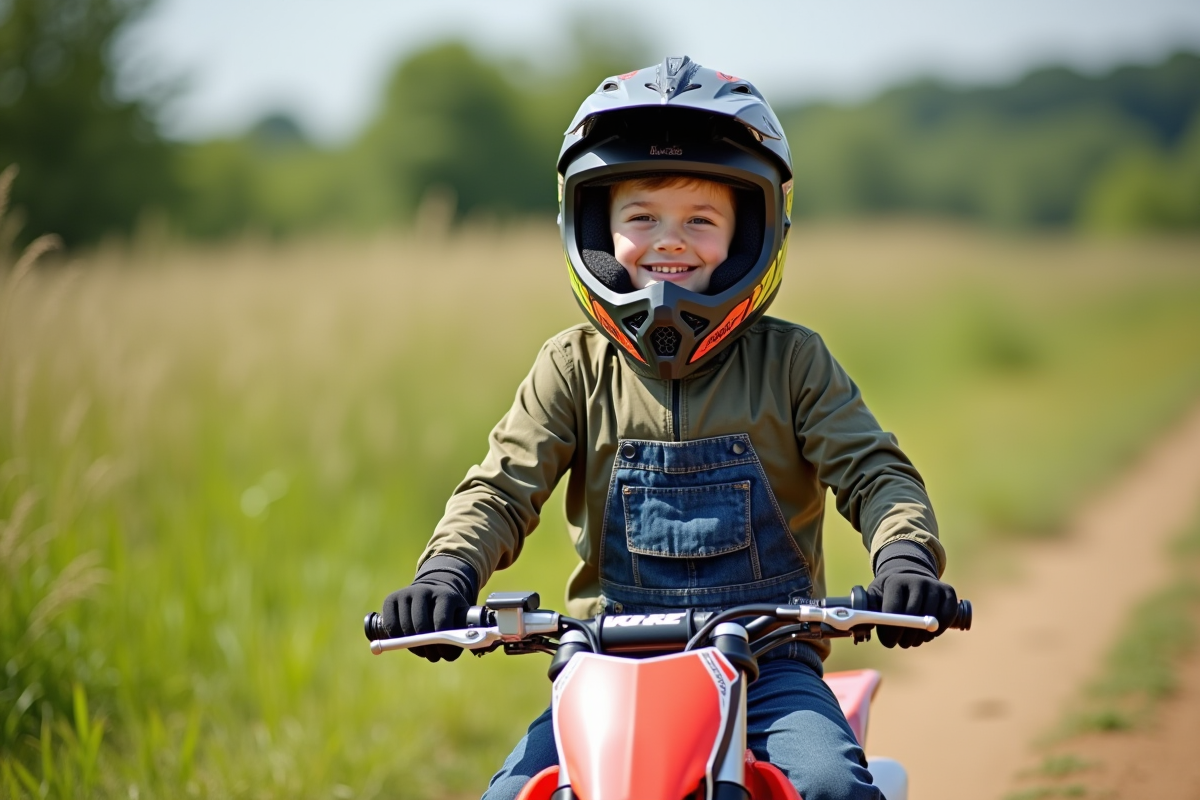 Jeune garçon souriant avec casque sur un dirt bike en plein air