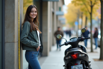 Jeune femme mesurant sa taille contre un mur en ville