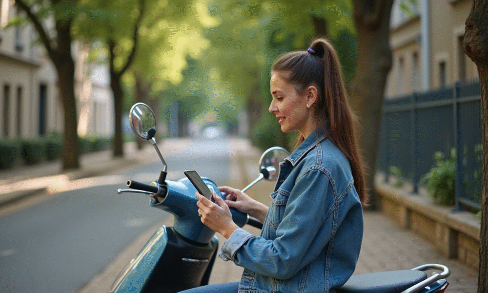 Jeune femme en denim sur scooter compare assurance