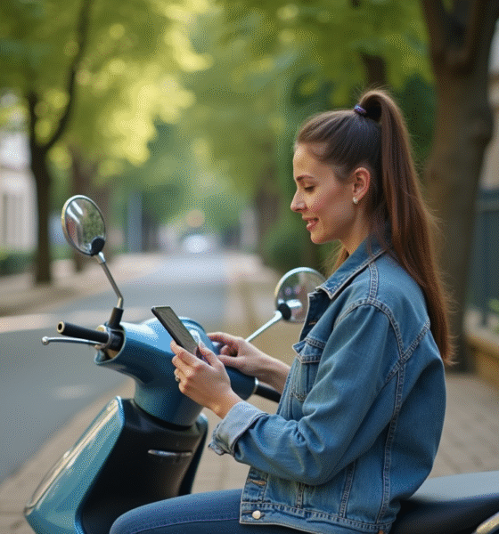 Jeune femme en denim sur scooter compare assurance