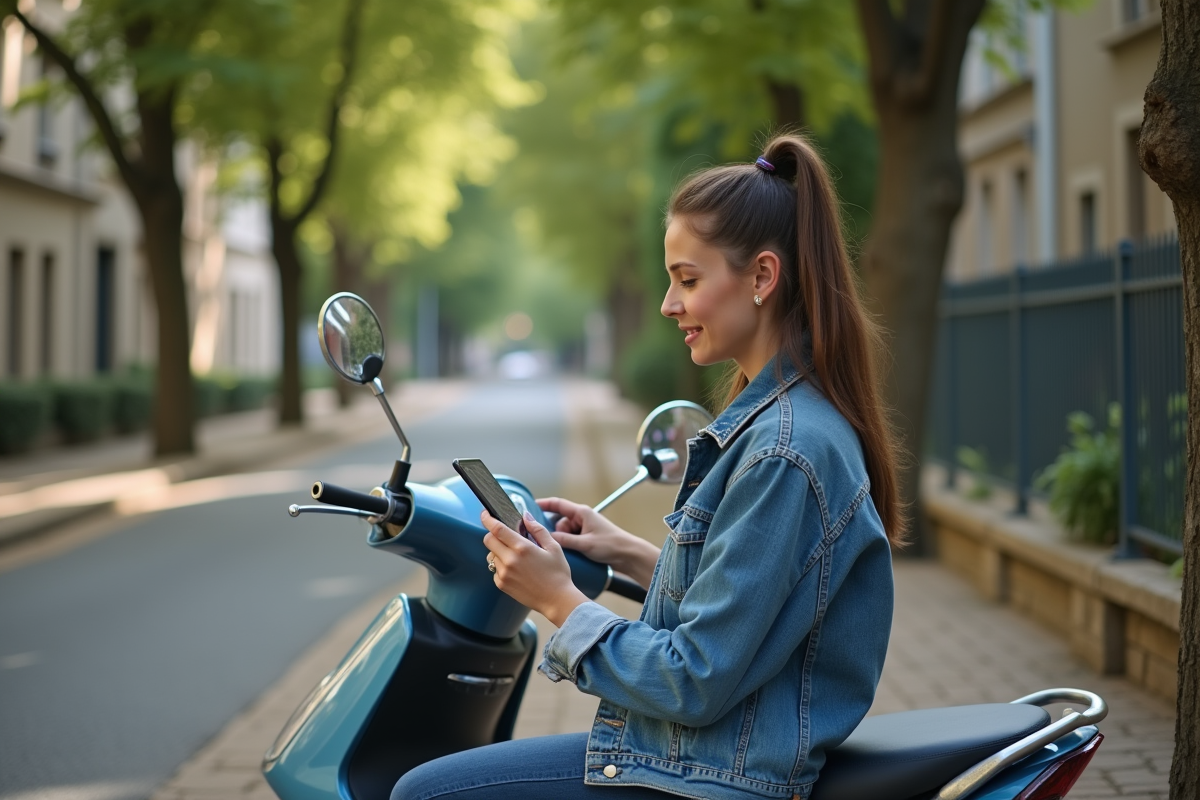 Jeune femme en denim sur scooter compare assurance