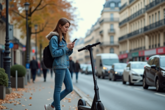Jeune femme avec scooter électrique dans Paris automne
