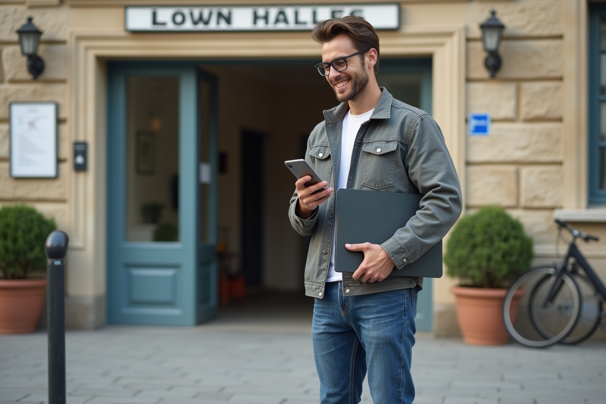 Jeune homme vérifiant son téléphone devant mairie