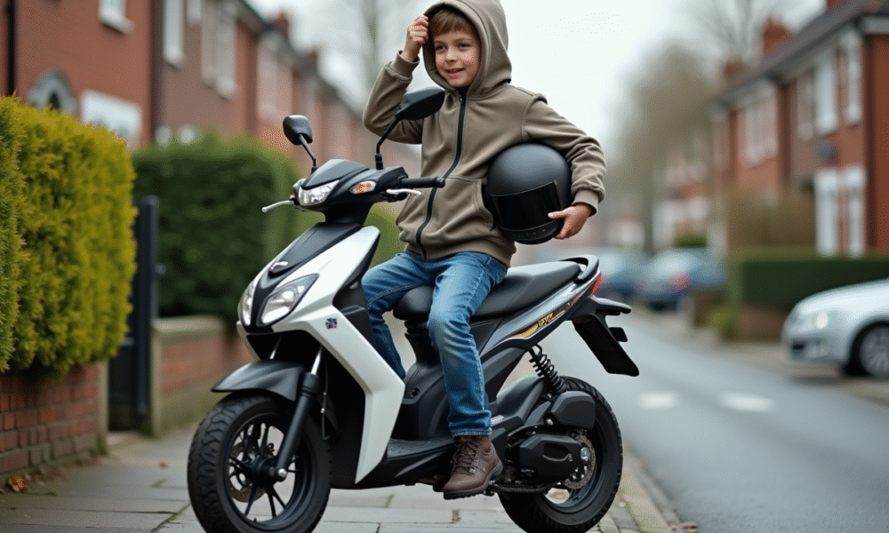 Jeune garçon ajustant son casque à côté de sa moto 50cc