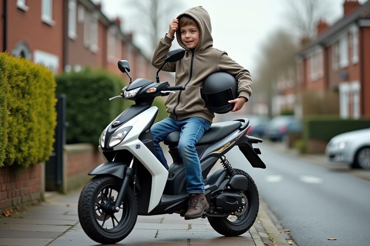 Jeune garçon ajustant son casque à côté de sa moto 50cc