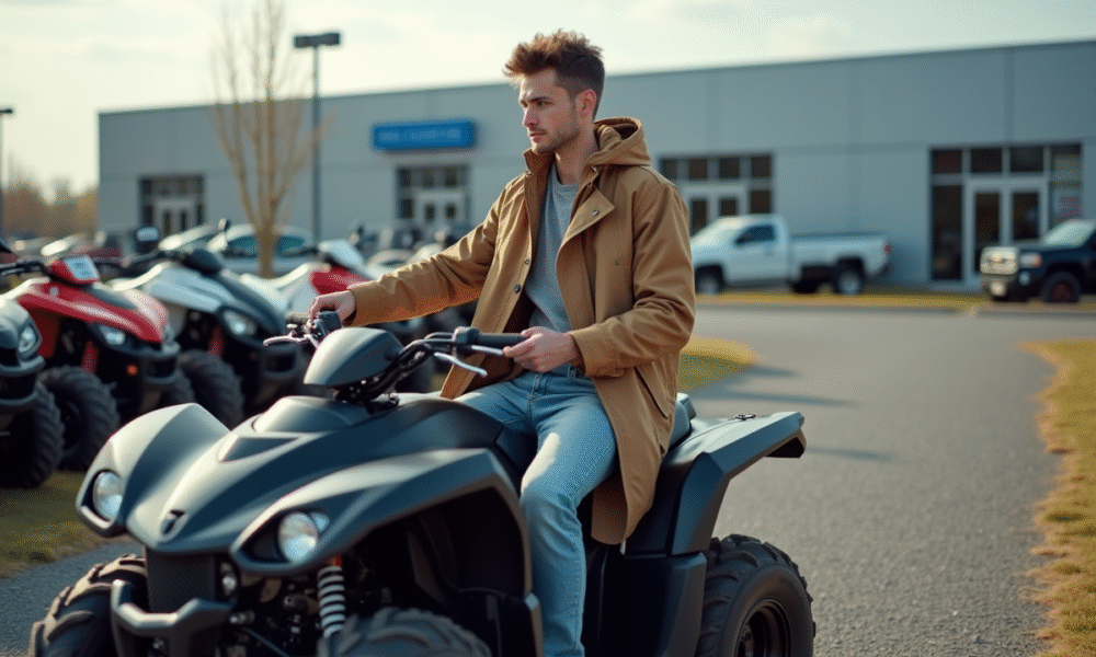 Jeune homme en windbreaker avec quad neuf en concession