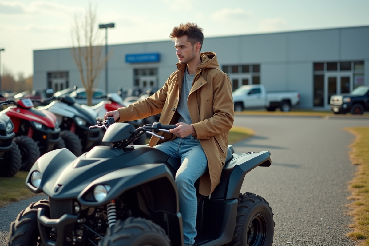 Jeune homme en windbreaker avec quad neuf en concession