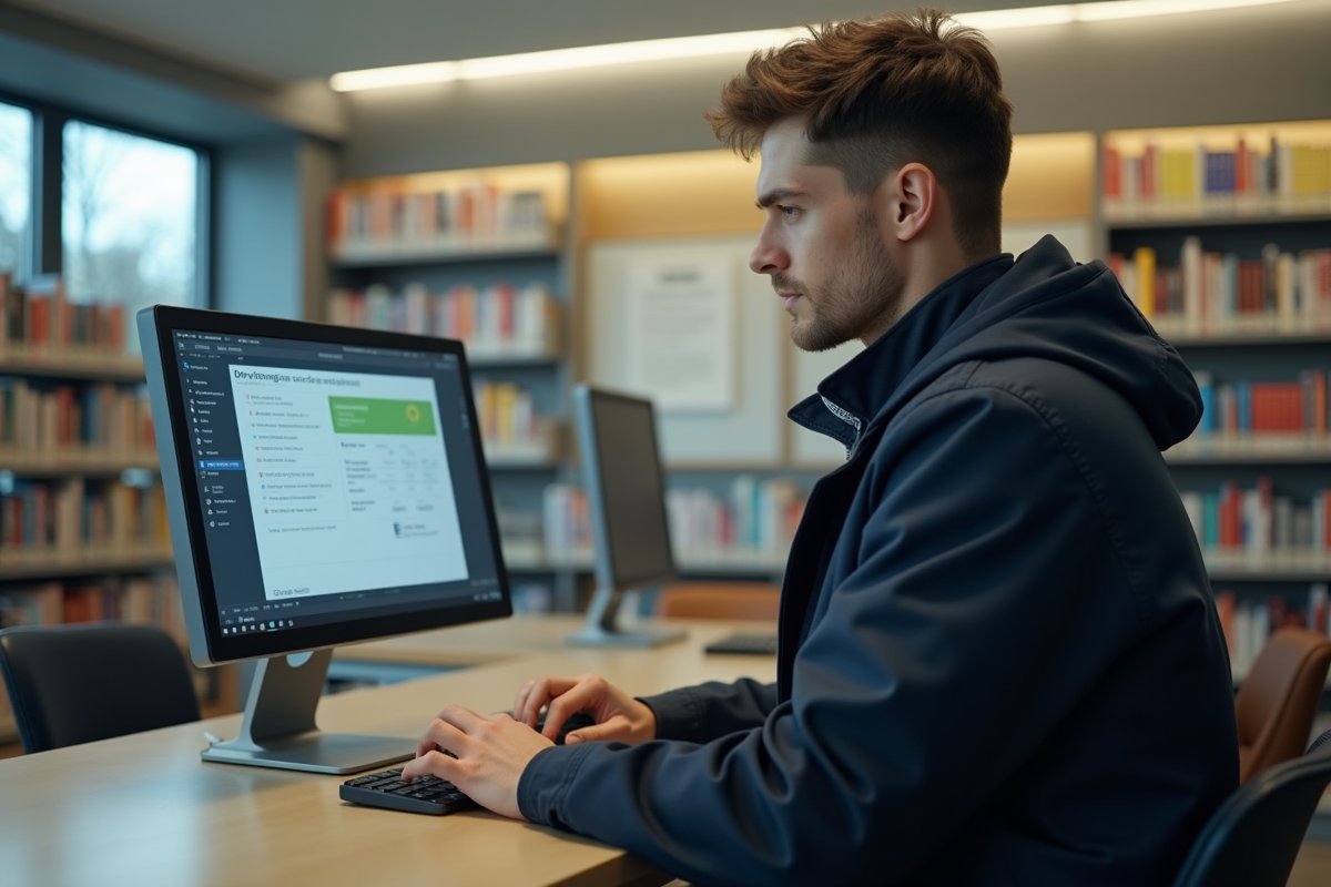 Jeune homme utilisant un ordinateur à la bibliothèque