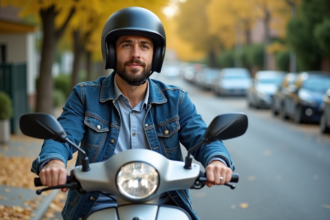Jeune homme en scooter avec dossier d'assurance