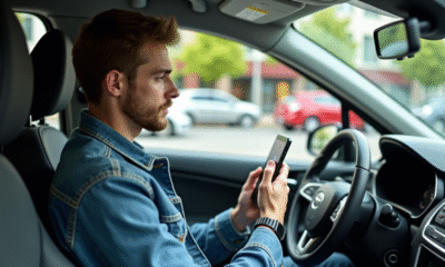 Jeune homme en voiture regardant son smartphone pour l'assurance