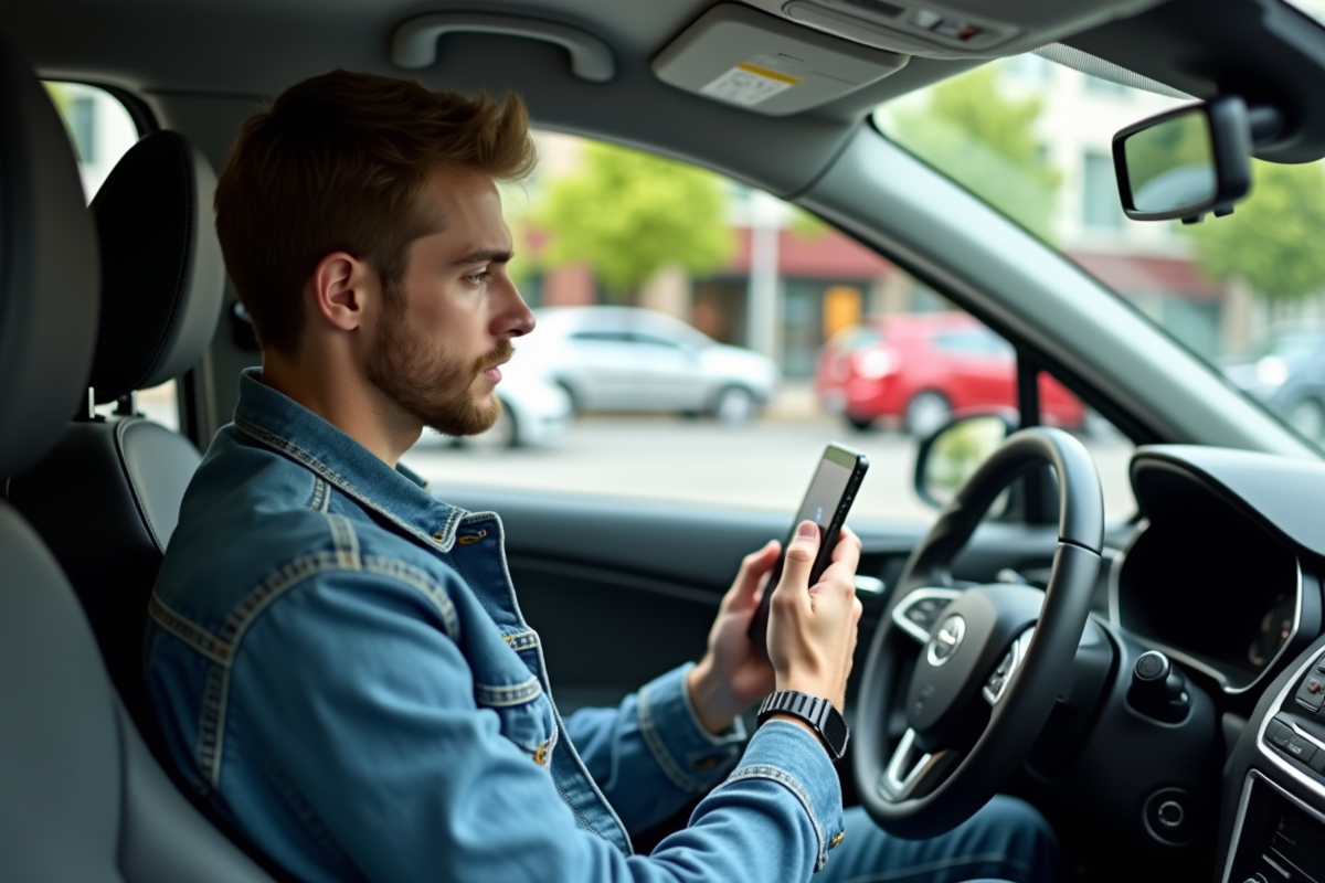 Jeune homme en voiture regardant son smartphone pour l'assurance
