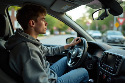 Jeune homme dans une voiture moderne en ville