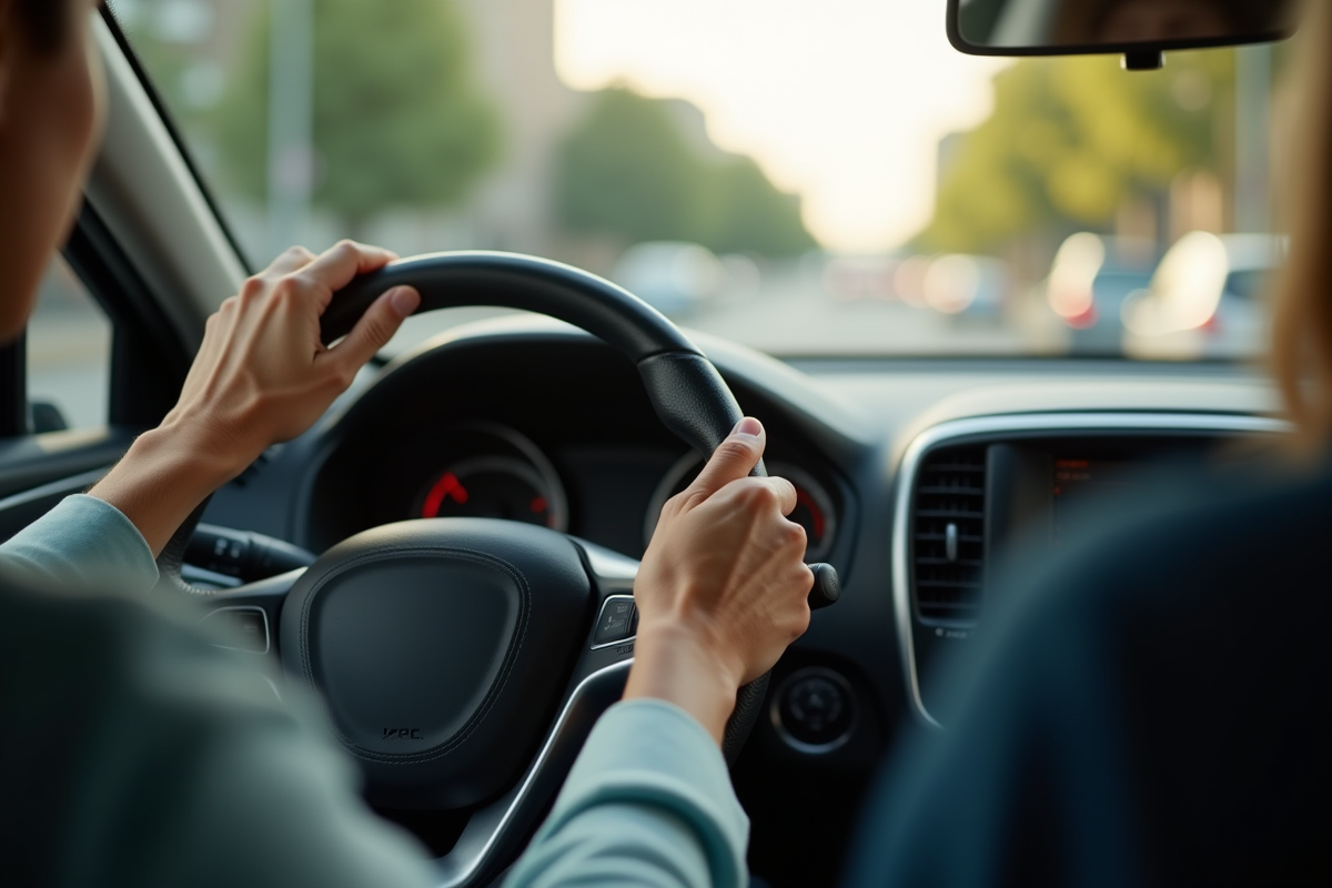 Deux mains sur le volant d une voiture avec tableau de bord