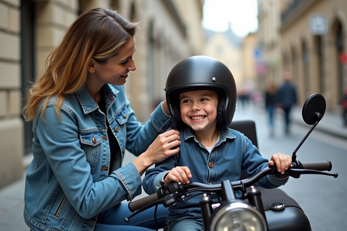 Femme aidant son fils à mettre le casque en ville