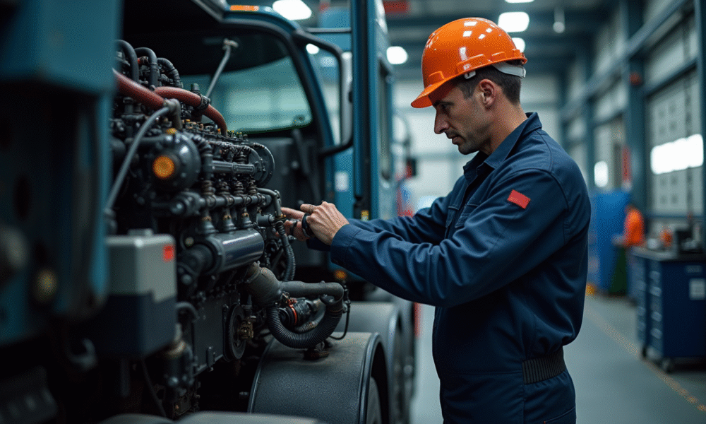 Mécanicien vérifiant le moteur d'un camion dans un garage propre