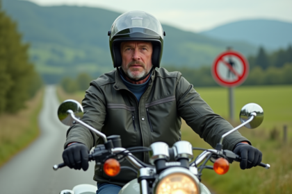 Motard français en veste textile sur moto avec sidecar