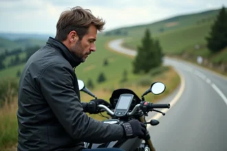 Motard en veste noire utilisant GPS sur route de campagne