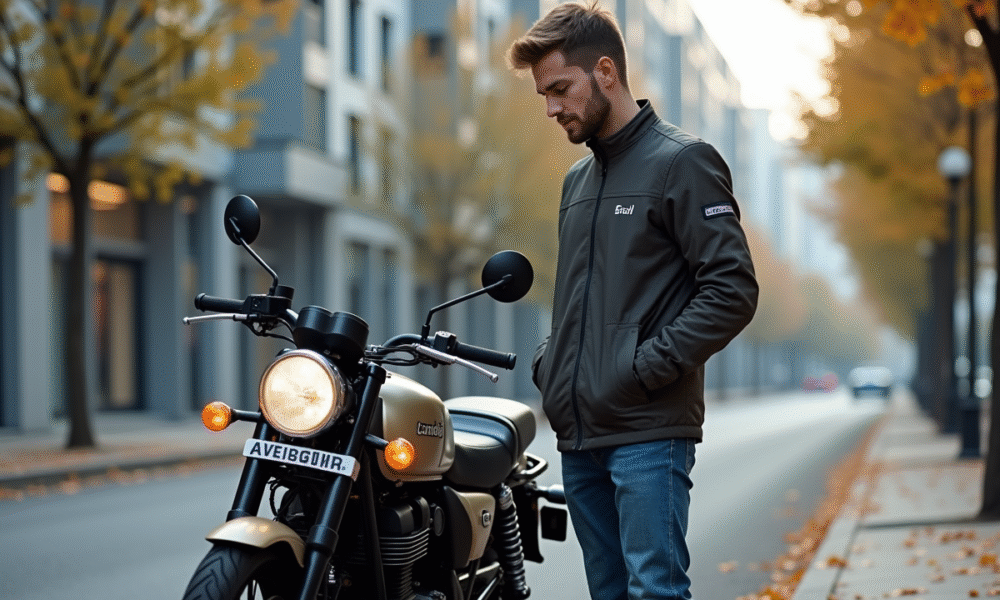 Jeune motard inspectant une moto en ville automnale