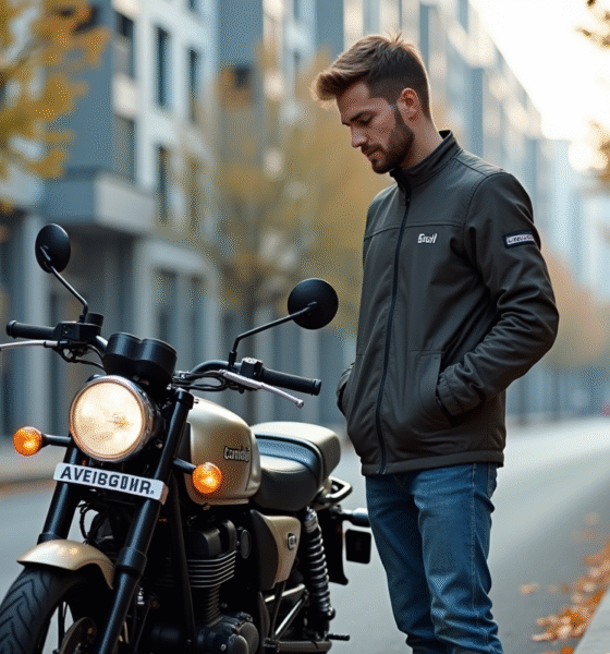 Jeune motard inspectant une moto en ville automnale